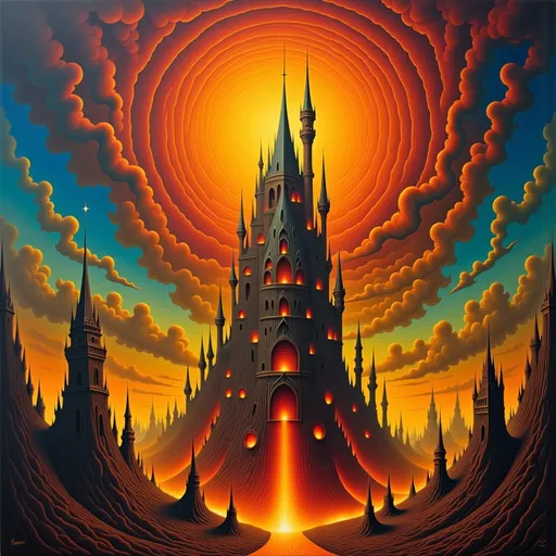 Prompt: (abstract expressionism painting) castle engulfed in flames, swirling smoking sky, vibrant (dramatic colors) contrasted with deep shadows, large fiery orange ring, inspiration from Beksinski, richly textured and complex composition, (dark fantasy elements), magical atmosphere, intricate details, mesmerizing shapes, (highly detailed), (matte painting), evoking a sense of wonder and unease, surreal and captivating ambiance.