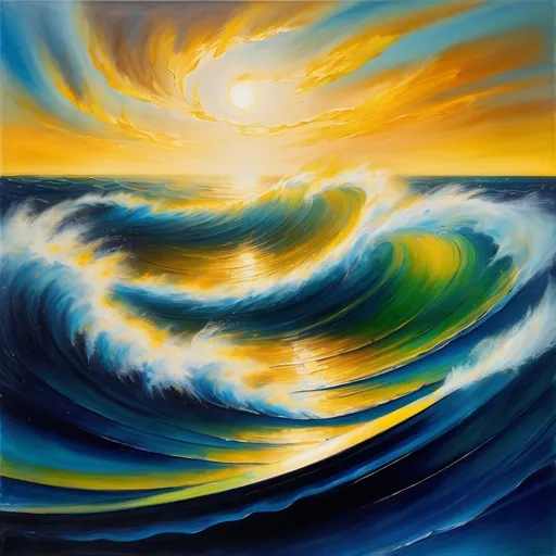 Prompt: (surrealism style) painting of a (cool-toned wave) in a vast ocean, expansive sky background, a small (boat in the distance) illuminated by (warm yellow light), featuring (David Boyd inspired abstract brush strokes), (metaphysical elements), fluid colors blending gracefully, showcasing an (atmospheric dreamlike quality), airbrush technique, highly detailed, (ultra-detailed) artwork with striking contrasts and (rich textures).