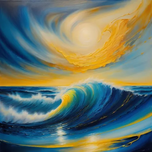 Prompt: (surrealism style) painting of a (cool-toned wave) in a vast ocean, expansive sky background, a small (boat in the distance) illuminated by (warm yellow light), featuring (David Boyd inspired abstract brush strokes), (metaphysical elements), fluid colors blending gracefully, showcasing an (atmospheric dreamlike quality), airbrush technique, highly detailed, (ultra-detailed) artwork with striking contrasts and (rich textures).