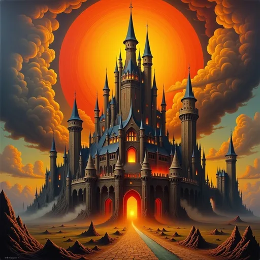 Prompt: (abstract expressionism painting) castle engulfed in flames, swirling smoking sky, vibrant (dramatic colors) contrasted with deep shadows, large fiery orange ring, inspiration from Beksinski, richly textured and complex composition, (dark fantasy elements), magical atmosphere, intricate details, mesmerizing shapes, (highly detailed), (matte painting), evoking a sense of wonder and unease, surreal and captivating ambiance.