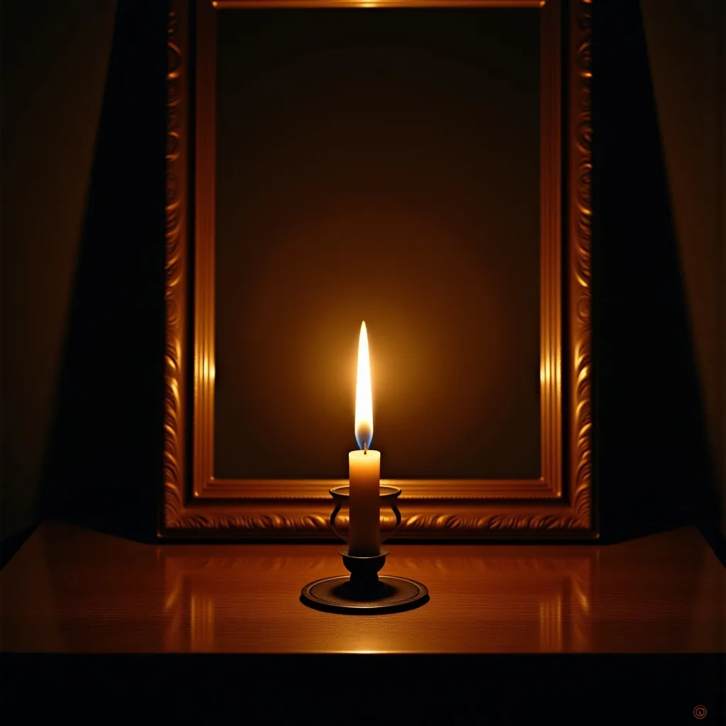 Prompt: Candle lit brightly on a rustic wooden table, soft warm glow illuminating its surroundings, dark and atmospheric background enhancing the ambiance of solitude, textured square picture frame nearby, captivating holographic details, inspired by Dirk Crabeth’s style, rich deep shadows, dramatic contrast, high definition, visually striking poster art.