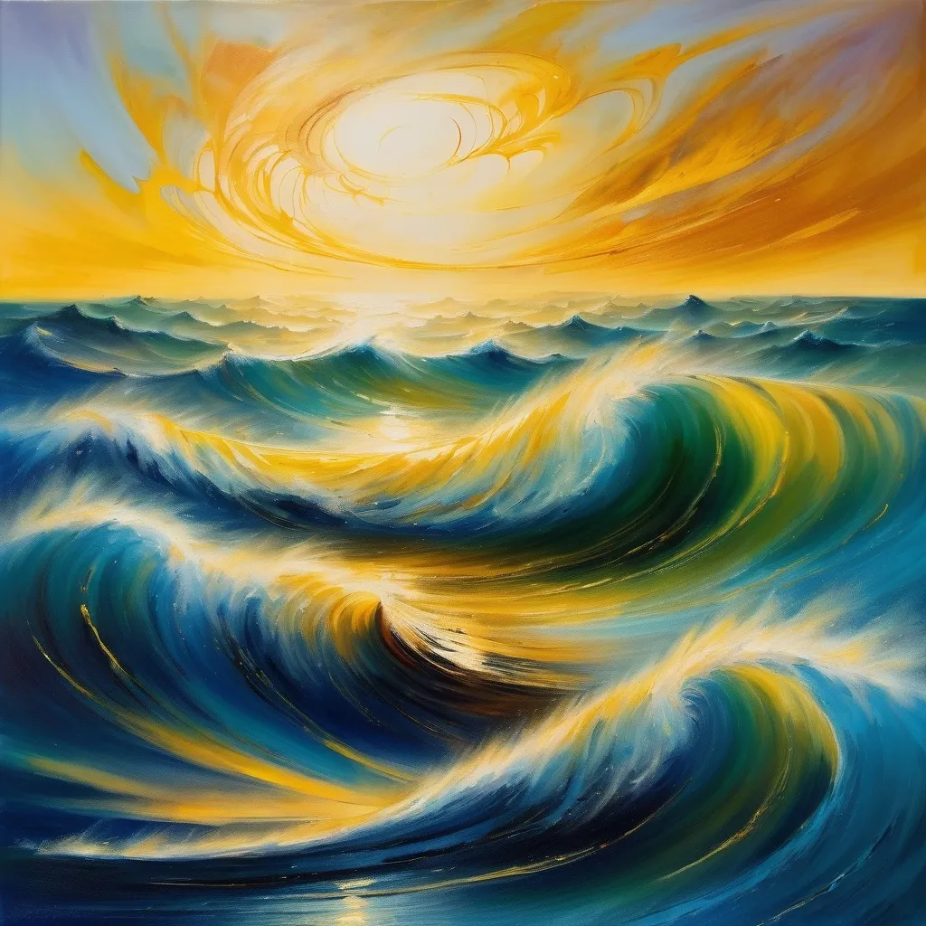 Prompt: (surrealism style) painting of a (cool-toned wave) in a vast ocean, expansive sky background, a small (boat in the distance) illuminated by (warm yellow light), featuring (David Boyd inspired abstract brush strokes), (metaphysical elements), fluid colors blending gracefully, showcasing an (atmospheric dreamlike quality), airbrush technique, highly detailed, (ultra-detailed) artwork with striking contrasts and (rich textures).