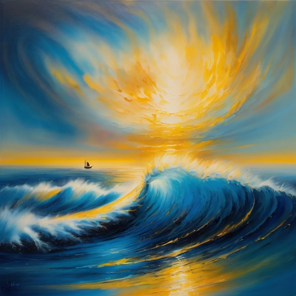 Prompt: (surrealism style) painting of a (cool-toned wave) in a vast ocean, expansive sky background, a small (boat in the distance) illuminated by (warm yellow light), featuring (David Boyd inspired abstract brush strokes), (metaphysical elements), fluid colors blending gracefully, showcasing an (atmospheric dreamlike quality), airbrush technique, highly detailed, (ultra-detailed) artwork with striking contrasts and (rich textures).