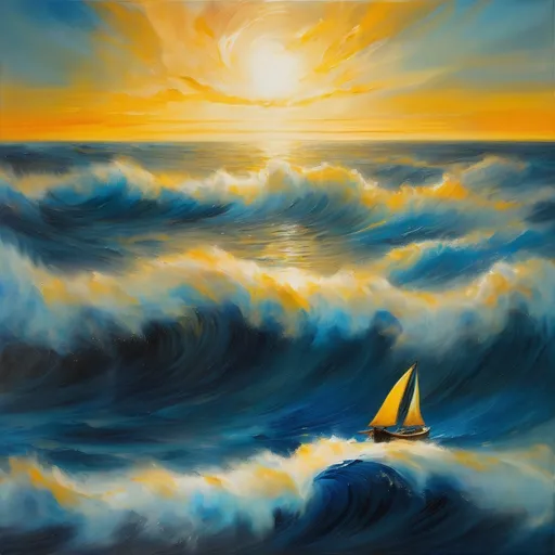 Prompt: (surrealism style) painting of a (cool-toned wave) in a vast ocean, expansive sky background, a small (boat in the distance) illuminated by (warm yellow light), featuring (David Boyd inspired abstract brush strokes), (metaphysical elements), fluid colors blending gracefully, showcasing an (atmospheric dreamlike quality), airbrush technique, highly detailed, (ultra-detailed) artwork with striking contrasts and (rich textures).