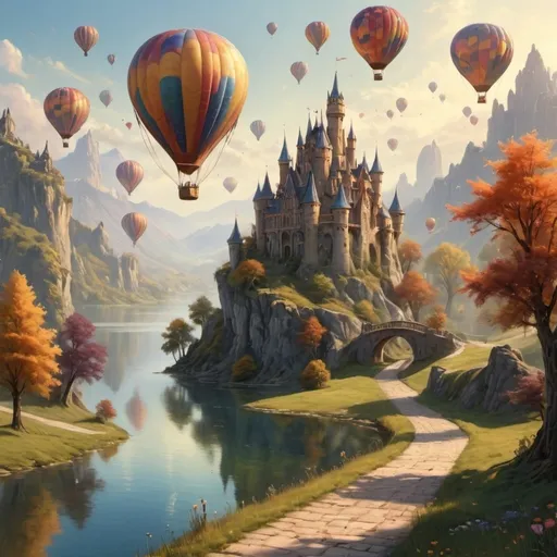 Prompt: (fantasy art) breathtaking castle by a serene lake, vibrant hot air balloons soaring above, a solitary figure walking along a winding path, (matte fantasy painting) intricate details and rich colors, dreamlike ambiance, soft sunlight reflecting on the water's surface, captivating atmosphere, (ultra-detailed) enchanted scenery, inviting and magical mood.