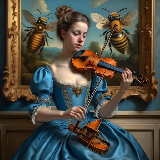 Prompt: (woman in a blue dress holding a violin), (highly detailed digital painting), (Dino Valls style), rococo elements, Flemish Baroque influences, ornate background featuring a striking painting of a bee, subtle lighting casting soft shadows, cool color tones, elegant and whimsical ambiance, 4K ultra-detailed, rich textures and depth, inviting atmosphere that intrigues the viewer.