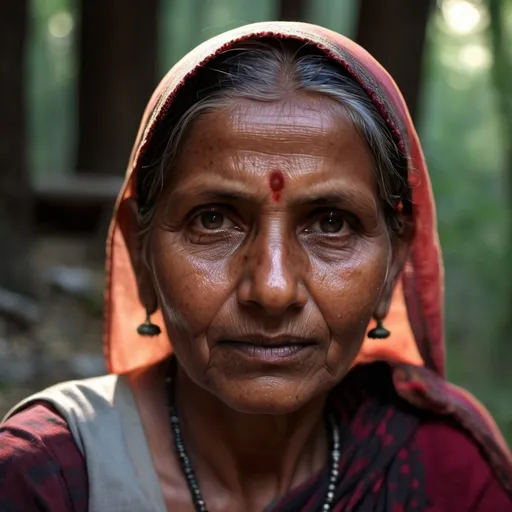 Prompt: potrait of an indian village woman in the forest in Himachal Pradesh, clear facial features , photo realistic, cinematic, 35 mm lens , f/1.8,accent lighting,global illumination-uplight-v4