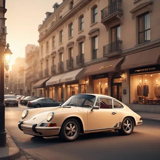 Prompt: (Porsche car, old fashion, clothing brand), vintage style, soft pastels, warm tones, nostalgic atmosphere, intricate details, brand logos subtly incorporated, worn textures, photorealistic, golden hour lighting, retro city streets in the background, 4K, ultra-detailed, HD, sophisticated elegance, stylish props, cinematic quality, professional appeal, classic car highlighted, artistic composition, visually captivating, premium fashion advertisement