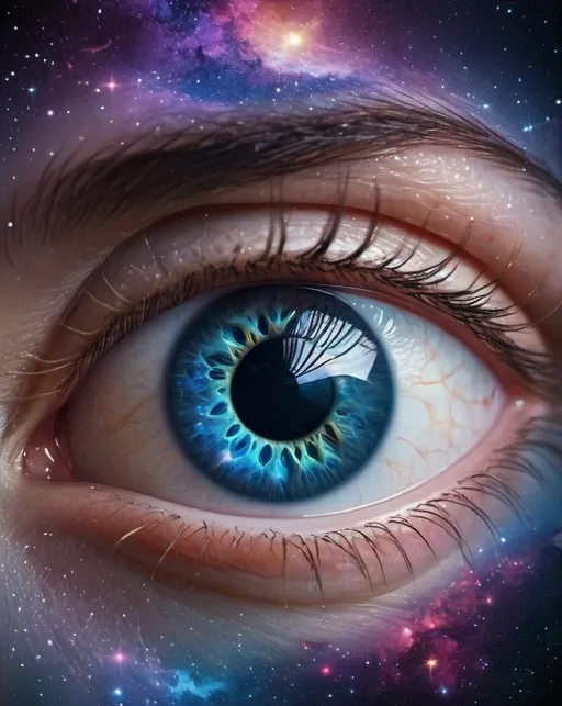 Prompt: (surreal image of an eye with a galaxy instead of the pupil) vibrant colors, unexpected shapes, cosmic elements, dreamlike ambiance, high contrast, ethereal glow, vivid details, intricate textures, celestial light effects, ultra-detailed, imaginative composition, mind-bending design, enchanting atmosphere, unorthodox visuals, stunning depth.