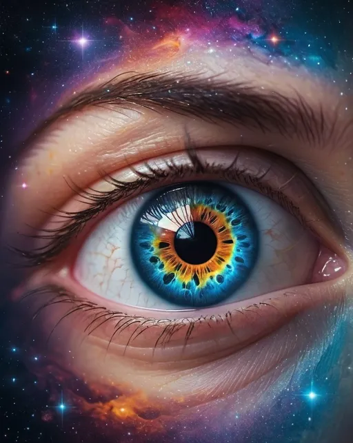 Prompt: (surreal image of an eye with a galaxy instead of the pupil) vibrant colors, unexpected shapes, cosmic elements, dreamlike ambiance, high contrast, ethereal glow, vivid details, intricate textures, celestial light effects, ultra-detailed, imaginative composition, mind-bending design, enchanting atmosphere, unorthodox visuals, stunning depth.