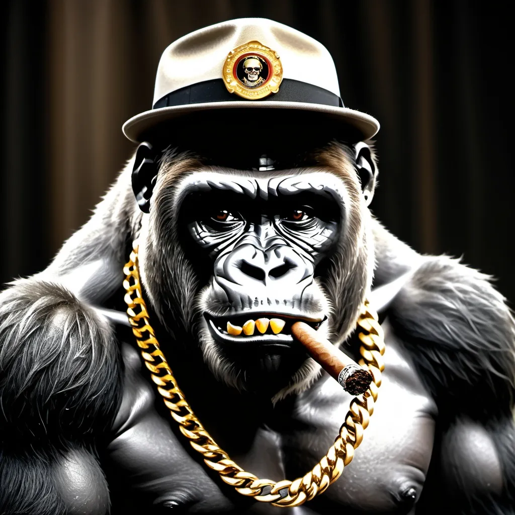 Prompt: A gorilla holding a cigar wearing a mafia hat and on the left side of the canine teeth it biting a gold chain