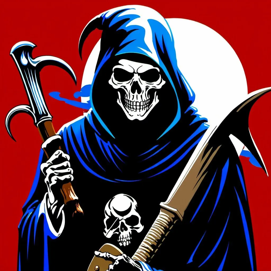 Prompt: The Grim Reaper with a real sawn-off shotgun over his shoulder while sticking up his middle finger with the other hand