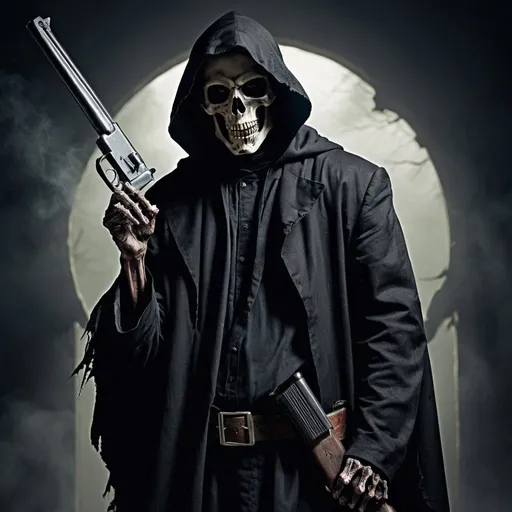 Prompt: The Grim Reaper with a sawn-off shotgun over his shoulder while he has his middle finger up on the other hand.