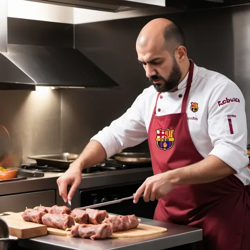 Prompt: Me gustaría la imagen de un hombre de ascendencia árabe cocinando kebab, con un enfoque típico de canal de cocina y el logotipo de barça tv en la parte inferior derecha de la imagen