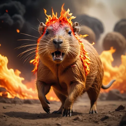 Prompt: A capivara made of fire with an expression of fury and determination on a battlefield between capivaras and lions