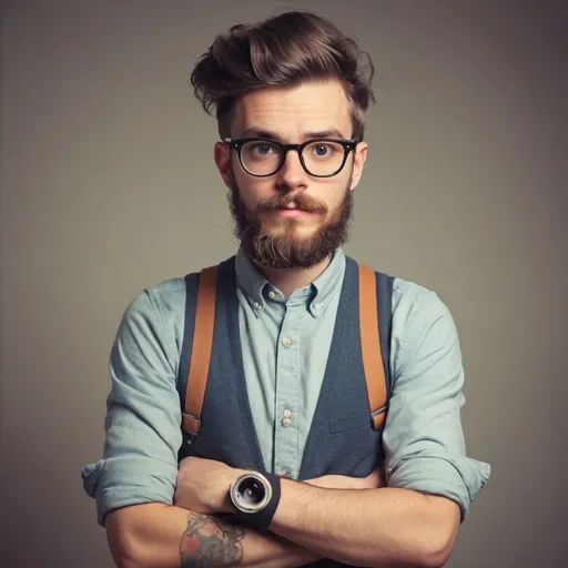 Prompt: a stereotypical hipster graphic designer looking at the camera folding their arms 