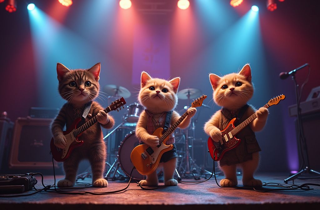 Prompt: a rock band of cats on a stage, photorealistic. One is singing, one is playing guitar and the other is playing the drums. The rock band should ressemble linking park