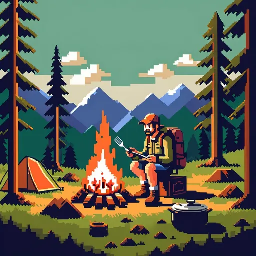 Prompt: "8-bit camping scene with a hiker cooking on a portable stove"