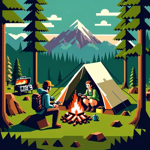 Prompt: "8-bit camping scene with a hiker cooking on a portable stove"