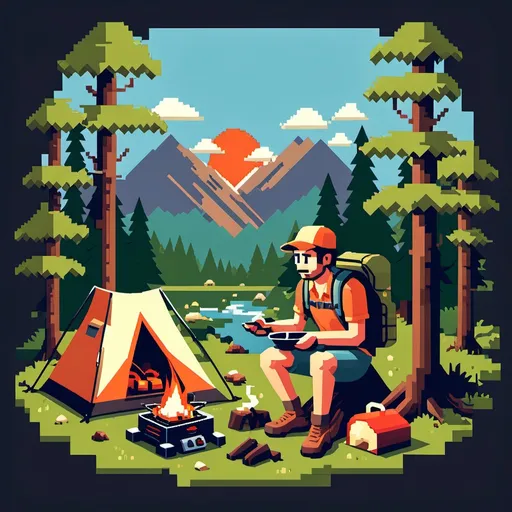 Prompt: "8-bit camping scene with a hiker cooking on a portable stove"