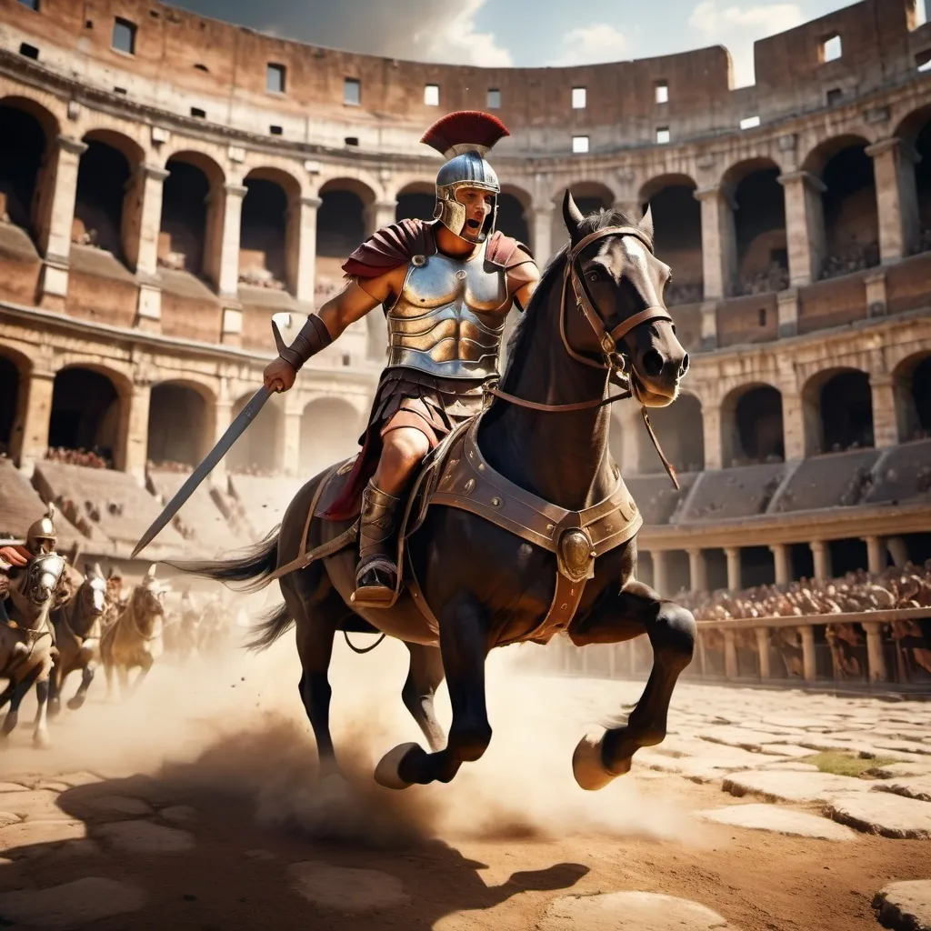 Prompt: Gladiator in Colosseum battling from a chariot with horses, ancient Roman setting, detailed armor and weaponry, fierce expression, realistic painting, warm tones, dramatic lighting, high quality, historical, action-packed, detailed chariot, powerful composition