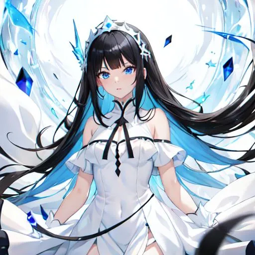 Prompt: Black hair,blue eyes, white skin, white dress, anime girl