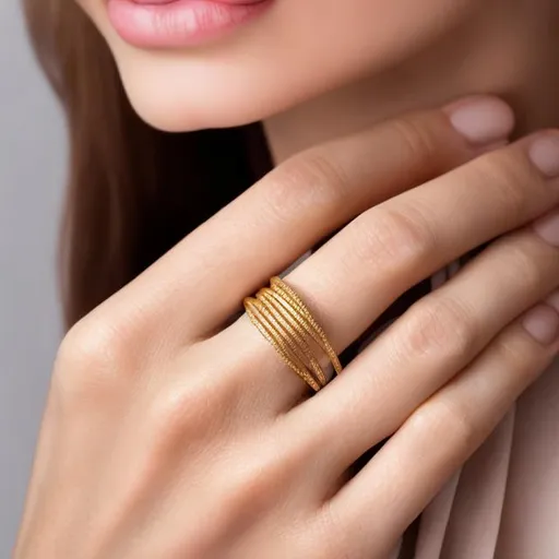 Prompt: Photo of gold band round ring on women hand