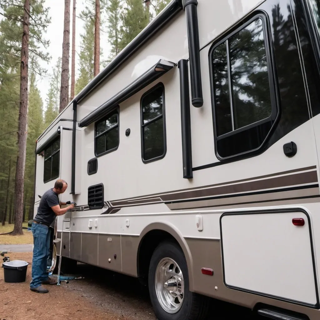 Prompt: Show a professional detail detailing the long side of a large RV outside.