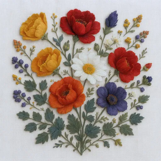 Prompt: An intricate floral embroidery piece, featuring a variety of flowers in full bloom.