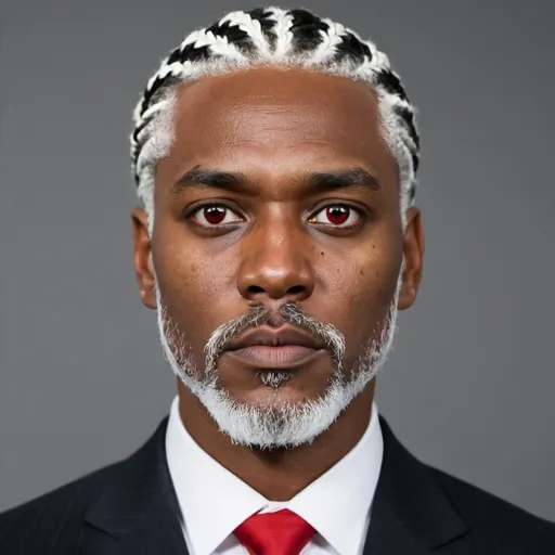 Prompt: Black man, white braids, white beard, red eyes, suit, serious looking