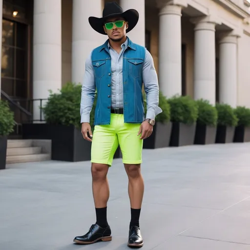 Prompt: create a high-quality image in a portrait style of a man wearing black oxford shoes, neon green biker shorts, a tucked-in denim shirt with a sleeveless blue sports coat, a grey cowboy hat, and small sun glasses


