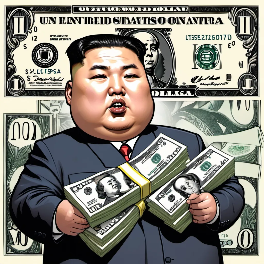 Prompt: Kim Jo un cartoon with dollars