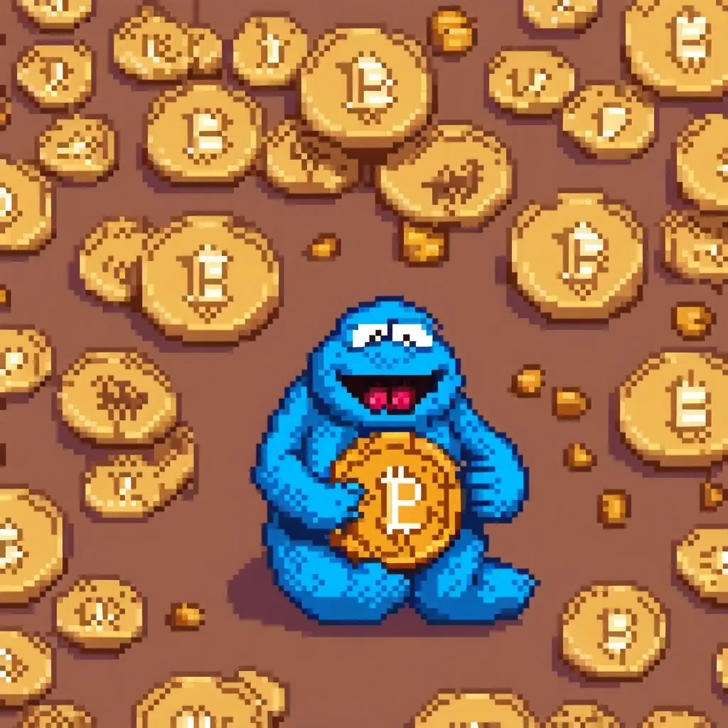 Prompt: Cookie monster surrounded by bitcoins eating them 