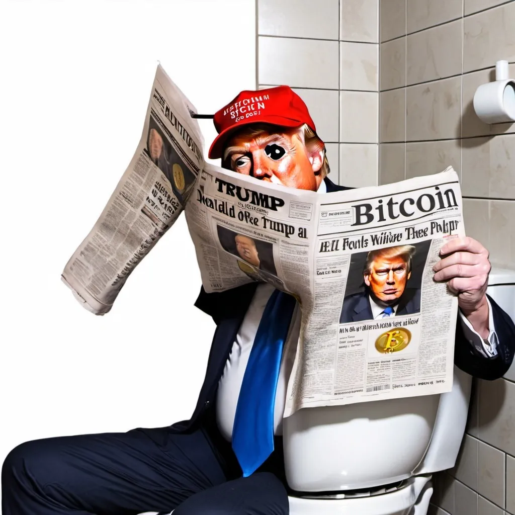 Prompt: Donald trump on a toilet reading bitcoin newspaper