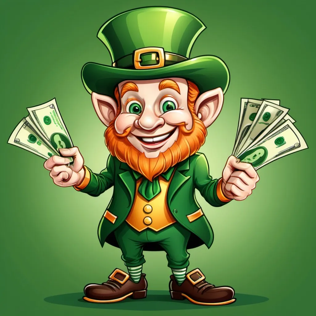 Prompt: Cartoon leprechaun with dollar bills