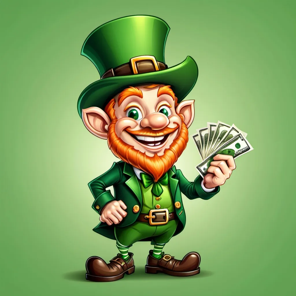 Prompt: Cartoon leprechaun with dollar bills