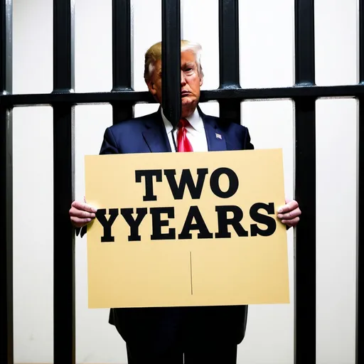 Prompt: Donald trump holding onto prison bars and sign saying two years