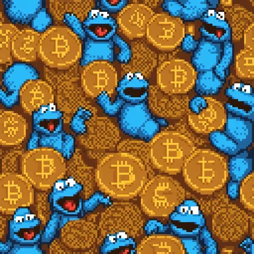 Prompt: Cookie monster surrounded by bitcoins eating them 