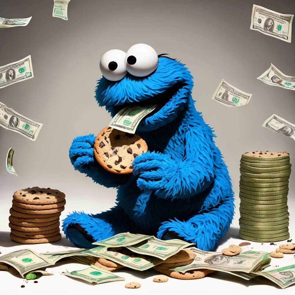 Prompt: Cookie monster eating dollars