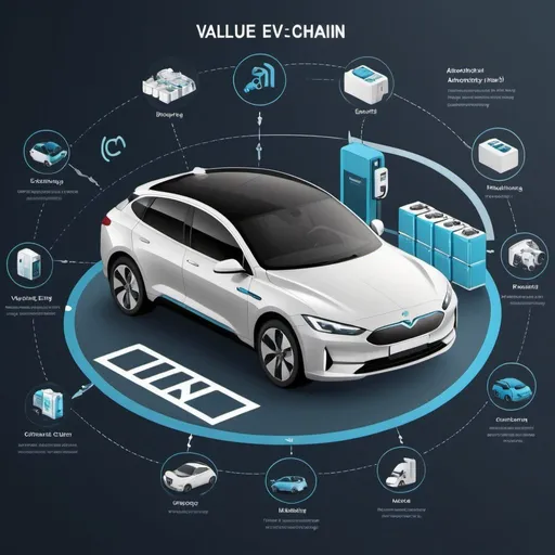 Prompt: Create flat design value chain for Automotive (EV) industry, include vendors, r&d, production, etc., to after sales service and battery infrastructure, also mention the various key business processes at every stage, such as demand forecasting, etc., 