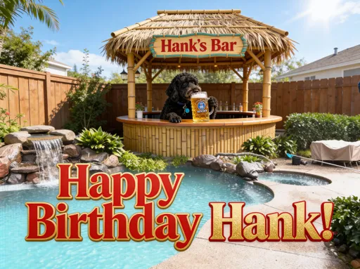Prompt: Remove the down tree in the backyard pool area and replace it with a tiki bar . The dog is sitting at the bar drinking a large stein of beer. The bar has a sign above it that says "Hank's Bar". In the foreground it says "Happy Birthday Hank!" in large red and gold font. It is a sunny day.
