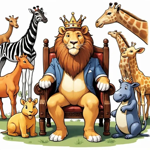 Prompt: Draw a scene of a king lion with a crown on his head sitting on a chair. A big squirrel and a big tortoise facing the king, surrounded by one giraffe, a cow, an elephant, a dog, a duck, a hen, a zebra, a goat, a sheep, a bird and a hare