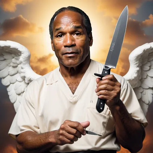 Prompt: OJ Simpson in heaven holding a knife