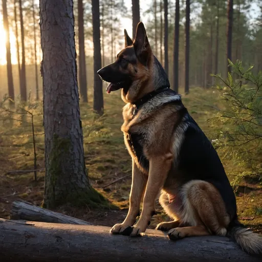 Prompt: german shepard, sit, sun rise, swedish forest