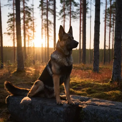 Prompt: german shepard, sit, sun rise, swedish forest