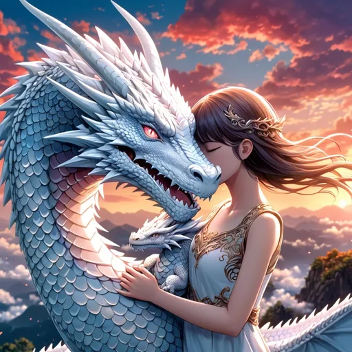 Prompt: Anime girl hugging (majestic) white dragon, (4K resolution), (ultra-detailed)