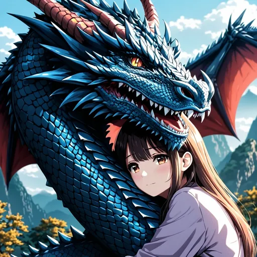 Prompt: Anime girl hugging (majestic) dragon head, (4K resolution), (ultra-detailed)