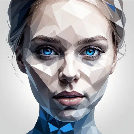 Prompt: Silhouette of a woman's face, only the blue eyes are shown realistically and in detail.4k, transparent white crystal, artistic, impressive, beautiful, polygonal design, high contrast, detailed lines, distinctive shadows, modern art, minimalist style