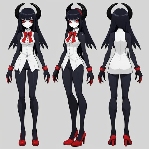 Prompt: hazbin hotel original character adoptable sheet for a female sinner demon overlord. this character is very powerful and feared in hell for her execution of angels in the past. She died from being cut up into pieces at the joints so she has stitches cover her entire body. In her demon form, she has long, pointy black hair down to her knees with bangs and dark navy blue eyes. She carries a scythe with her and it is an angel tool so it is light grey/white in color. she wears platform boots and a black pant suit with a red bow tie and red gloves. she is very thin, physically and has a big wide smile with very pointy canines. 