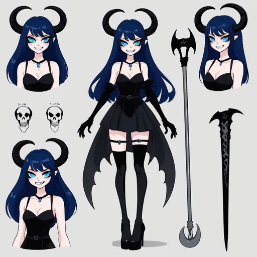 Prompt: hazbin hotel original character adoptable sheet for a female sinner demon/overlord. this character is very powerful + feared/respected in hell. She died from being cut up into pieces at the joints so she has stitches cover her entire body. she has long, pointy black hair down to her knees with white bangs and dark BLUE eyes with WHITE irises which is VERY IMPORTANT. She carries a scythe with her. she wears platform boots and a black mini dress, a blue ribbon tied around her neck and white gloves. she has a big wide smile with very pointy canines. she has ram horns and two extra arms. 